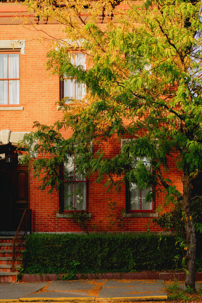A red brick building in Hudson, New York.