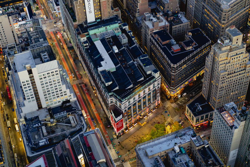 An aerial view of NYC at dusk.