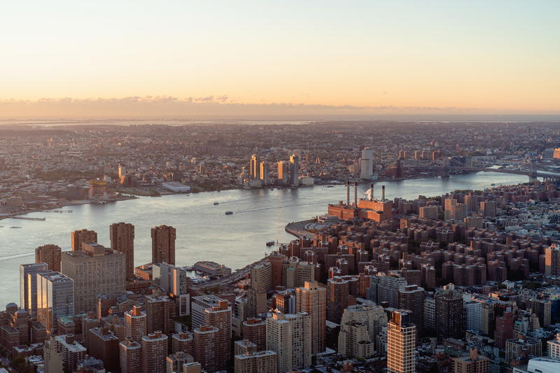 Aerial view of NYC at sunset.