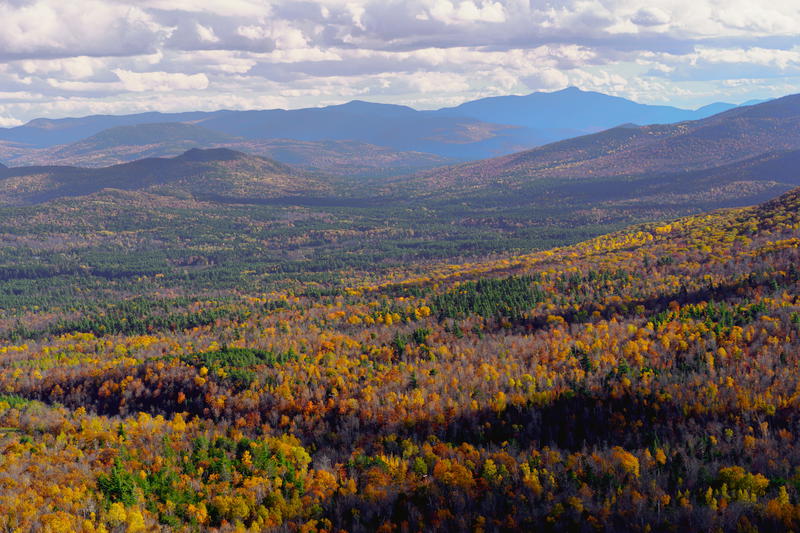 An aerial view of the fall forest near Lake Placid, New York.