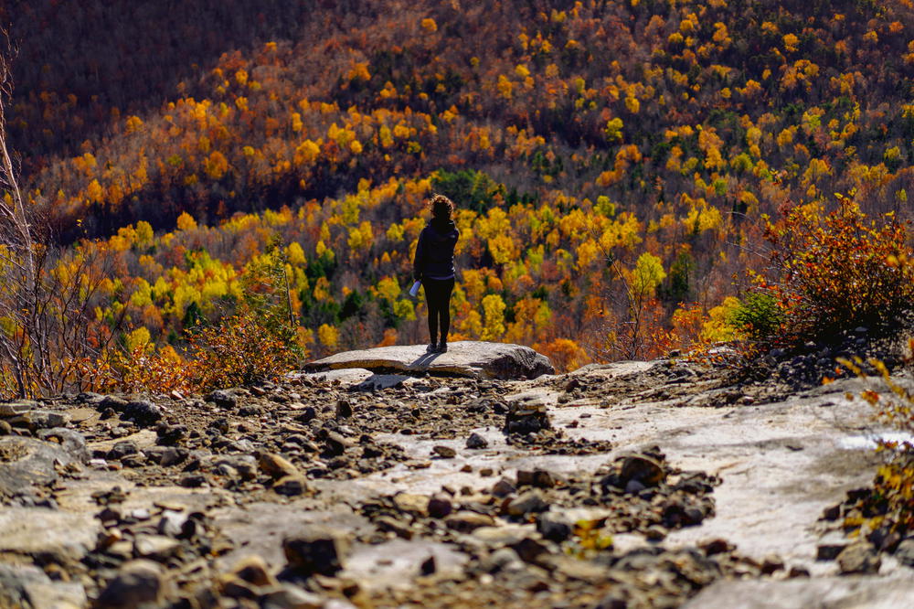 A person standing on top of a rocky mountain near Lake Placid.