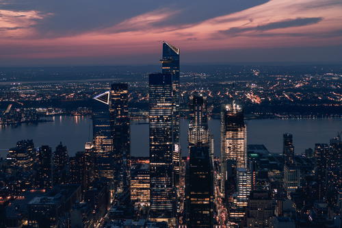 An aerial view of NYC at dusk.