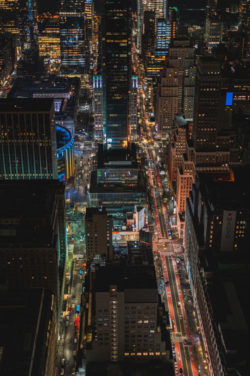 An aerial view of NYC at night.