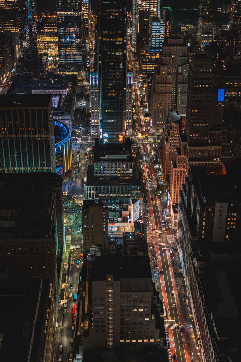 An aerial view of NYC at night.