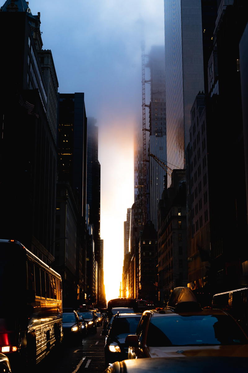 The street view of Manhattanhenge on 57th street in Manhattan.