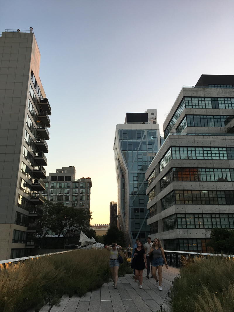 A group of people walking on the High Line in New York City.