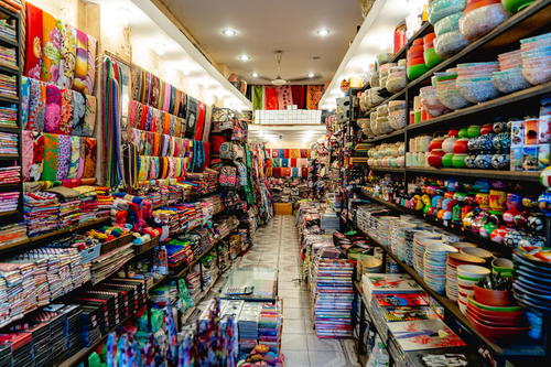 A row of colorful items in a shop in Hanoi, Vietnam.