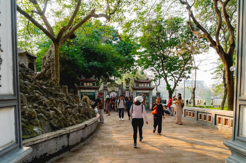 Walkway to the old temple at Hoan Kiem Lake Hanoi Vietnam