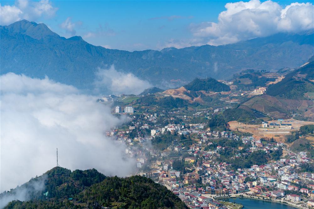 View of Sapa Vietnam from top of mountain aerial landscape