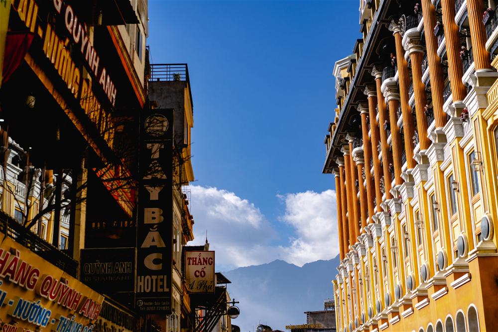 Facade and buildings in downtown Sapa Vietnam town center