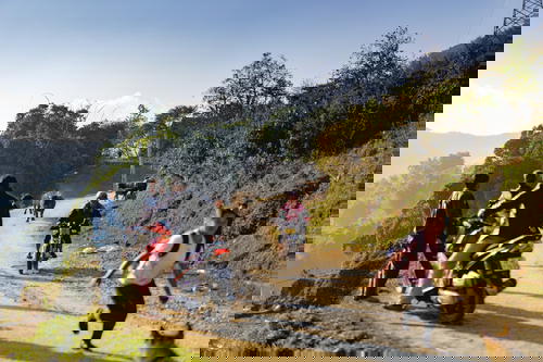 A group of people riding motorcycles in Sapa, Vietnam.