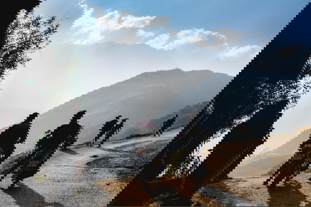 Motorbikes riding up a hill in Sapa